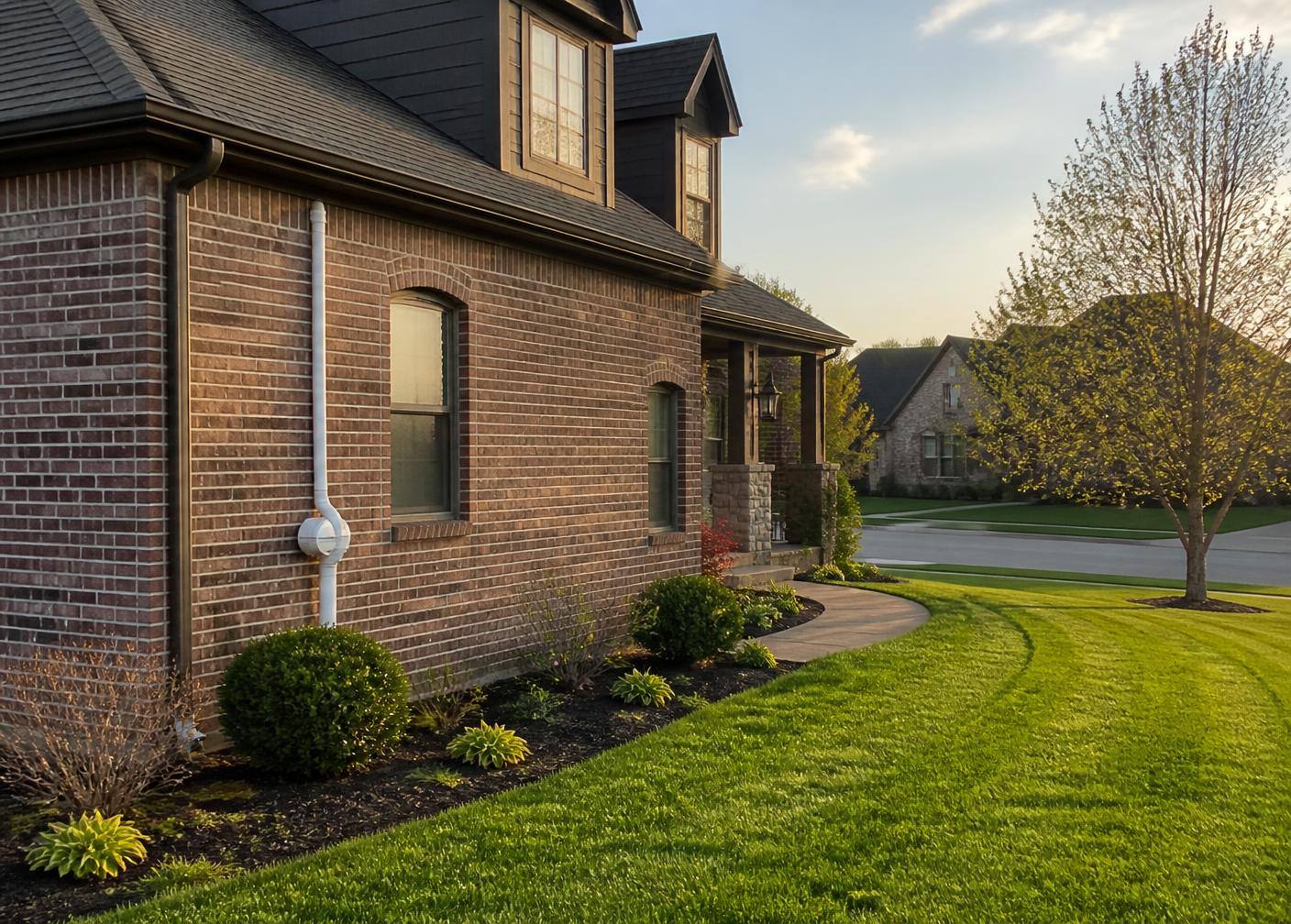 White radon vent pipe running discreetly up the side wall of a brick home near Cincinnati