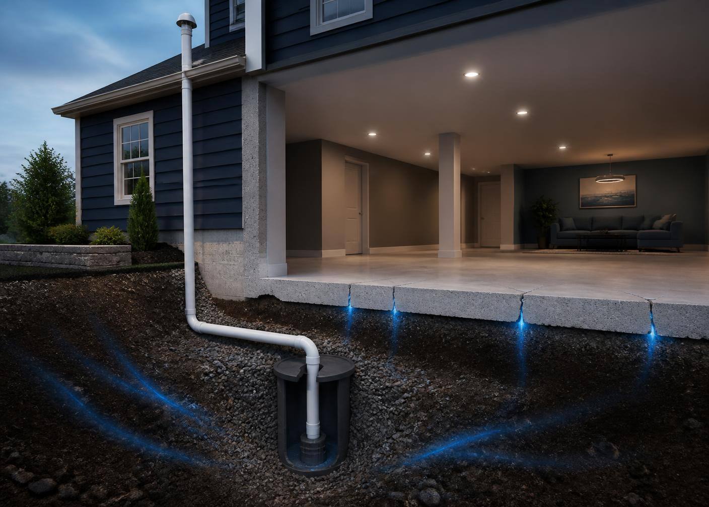 Cross-section diagram showing soil gas rising through slab cracks and a vent pipe carrying it above the roof